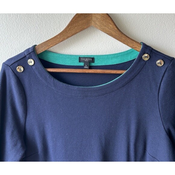 Talbots Dress Petite Large Navy Pleated Cuff Ruffle Gold Buttons Career Preppy - Picture 4 of 13